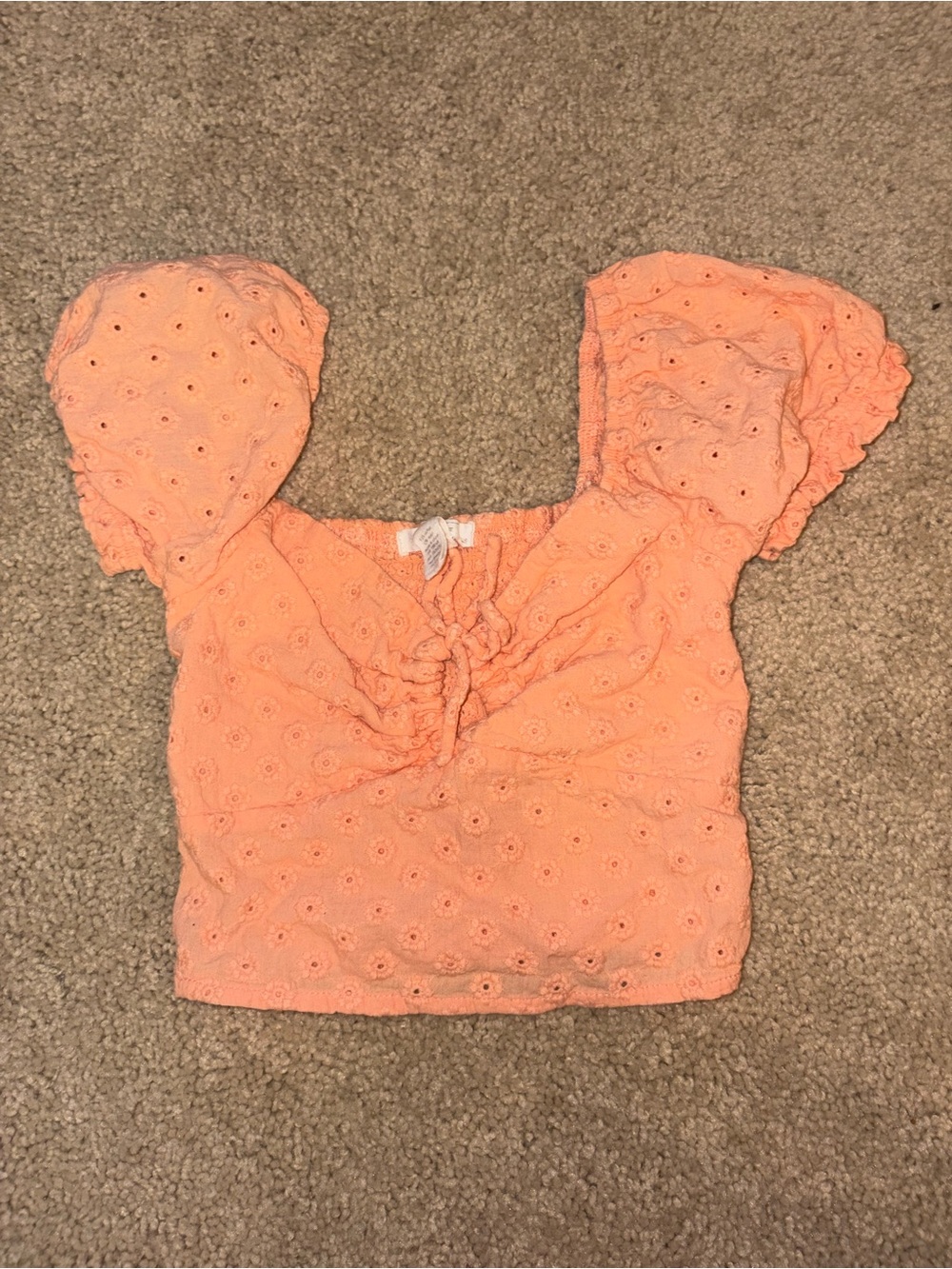 Full Tilt Peach Eyelet Ruched Puff-Sleeve Crop Top